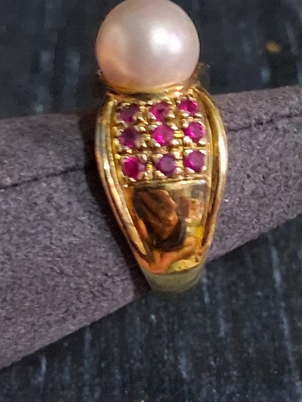 Sterling Silver Gold Vermeil Pearl Ring with Pink Stone Accents Sz9 Estate